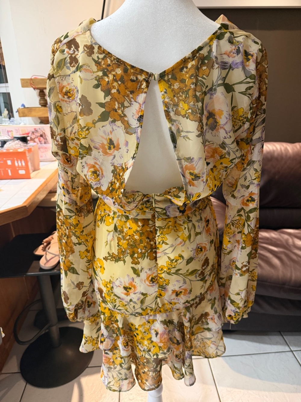 Luxxel Yellow Floral Wrap Long-Sleeve Ruffle Mini Dress - Picture 5 of 8